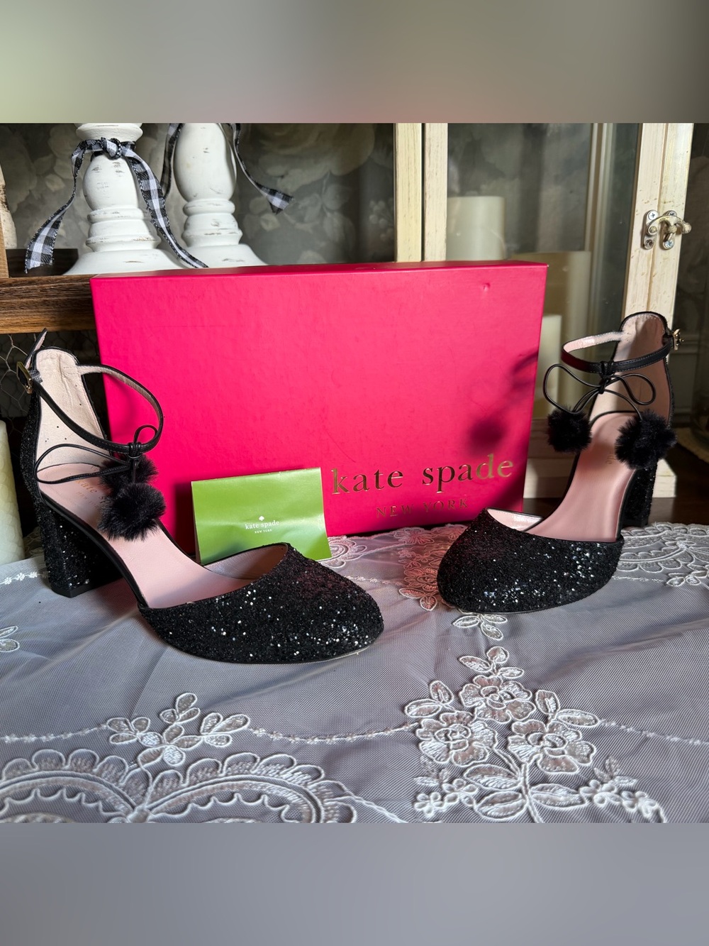 kate spade New York Abigail Black Glitter Block Heels with Pom Ankle Ties sz 7